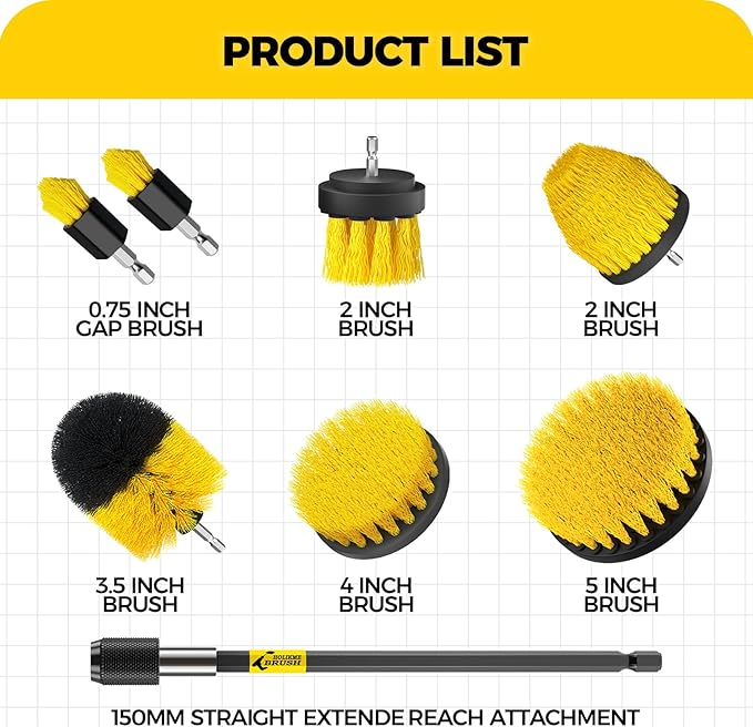 Holikme 8Piece Drill Brush Attachment Set - Power Scrubber Cleaning Kit | Nylon Fibers, Power Scrubber Attachments for Tile, Shower, Floors, Kitchen and Auto Interior Care, Cleaning Tools, Yellow