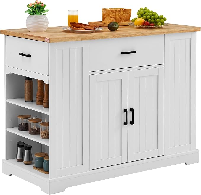 VEVOR 46" Wood Top Breakfast Bar with Storage Cabinet, Farmhouse Kitchen Table with Adjustable Shelf, Drawer, for Dining Kitchen Living Room, White