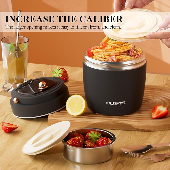 40oz Stainless Steel Vacuum Insulated Food Jar for Adults Wide Mouth Lunch Container with Spoon Fork and Carrying Bag Leak-Proof Soup Thermo Bento Box for Hot Food and Cold Food | Office, Travel Black