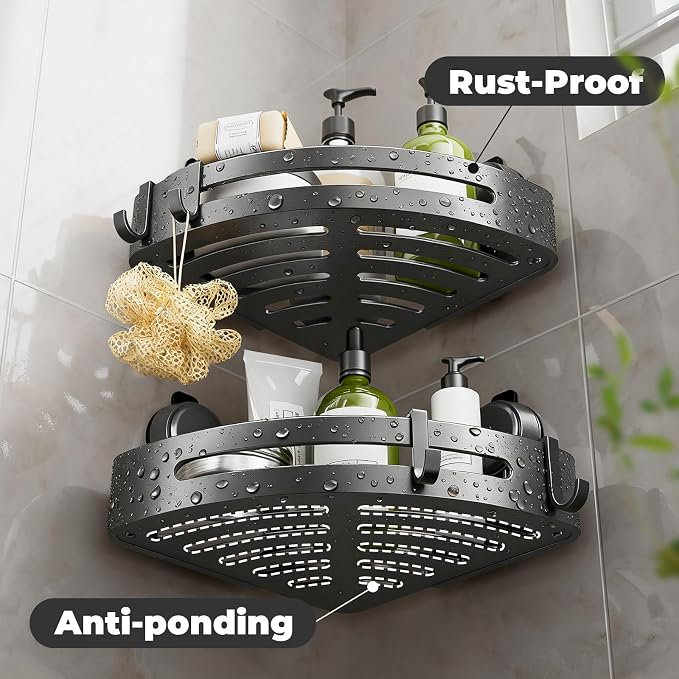 Shower Caddy Corner,Suction Cup Shower Caddy with Hooks,No Drilling Rustproof Aluminum Bathroom Organizers and Storage,Shelves for Bathroom Accessories Decor (3)