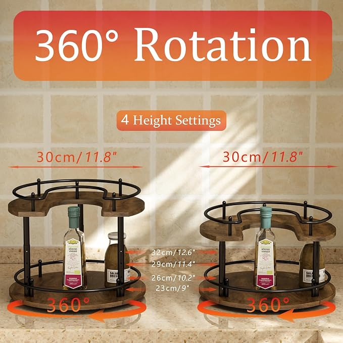2 Tier Lazy Susan Organizer,2-Tier Spinning Spice Rack with Stable Carousel Base & 4 Height Settings for Cupboard Kitchen Countertop Dining Table Cupboard (Round)
