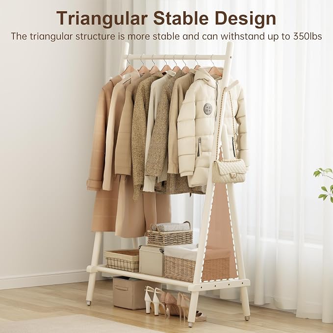 Muwuele Solid Wood Clothes Rack, Clothing Rack for Hanging Clothes, Hanging Racks for Clothes with Shelves Load 350 Lbs Garment Rack (White)