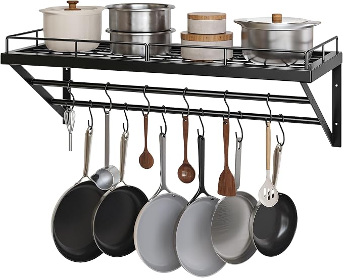 YATINEY Pot Rack, 30 Inch Wall Mounted Pot Rack, Kitchen Pot and Pan Organizer with 2 Tier Hanging Rails, 12 S-Hooks, Space Saving, for Kitchen Cookware Organizer, Black PR02BK