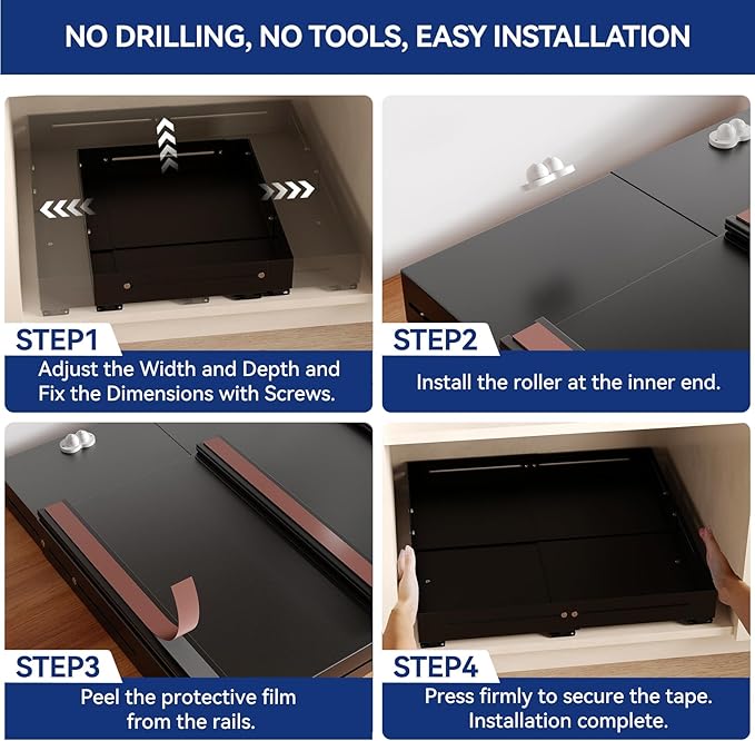 Pull out Cabinet Organizer, Full Metal Expandable Width (12.6"-20.8") & Depth (16"-24.4") Adjustable Slide out Drawers, No Drill Adhesive Roll out Shelves for Kitchen Pantry, Black