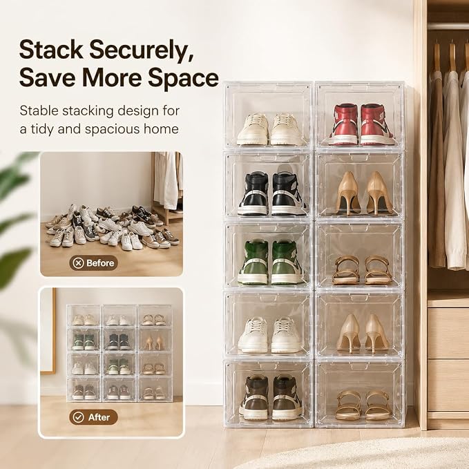 Clear Shoe Storage Box, 2026 2nd Gen Thickened Hard Plastic Stackable Organizer with Magnetic Door, Folding Shoe Rack for Closet, Large Sneaker Display Case for Sneakers and Ankle Boots,1 Pack