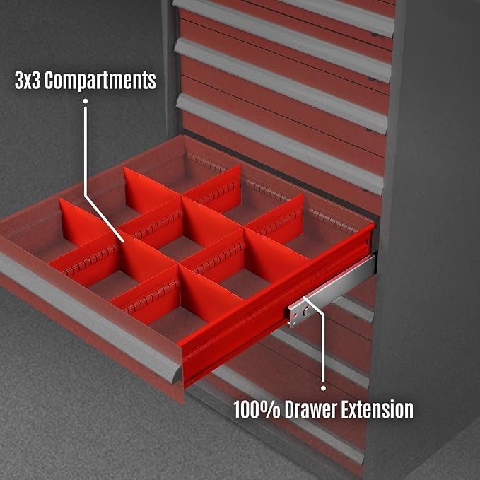 MechMaxx Heavy Duty Modular Drawer Cabinet – 9 Drawer Tool Storage Organizer, Steel Construction, 59" W x 28.5" D x 28.5" H，Model MD59A9