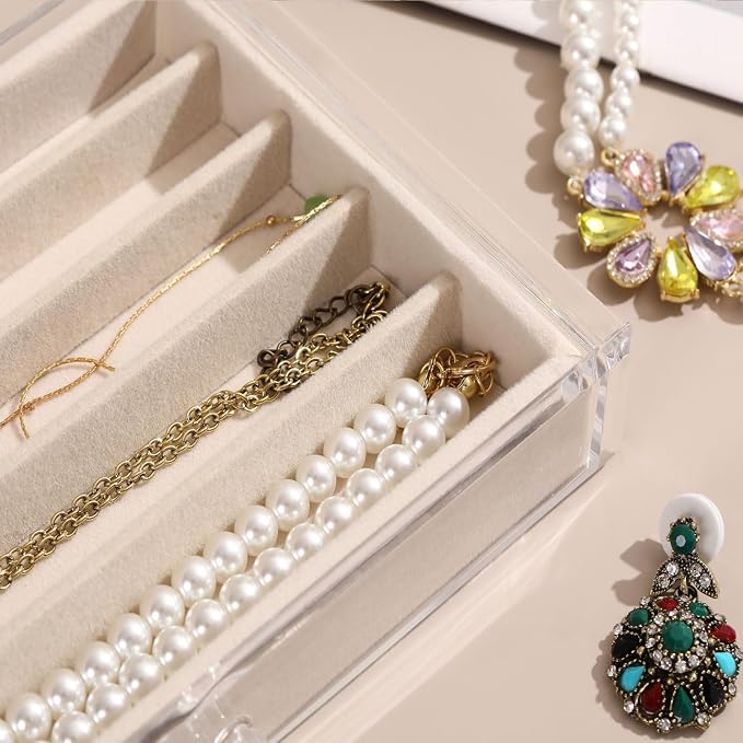CLUQMEIK Necklace Organizer Box with Clear Lid, Dustproof Velvet Jewelry Holder Storage Display Case, Stackable Acrylic Necklace Tray Drawer Insert for Women and Girls (Beige,3 Drawers)