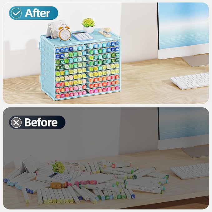 Marbrasse Mesh Marker Organizer, 9-Tier Rack Holds 126 Markers, Blue | Marker Holder, Space-saving Vertical Design, Desktop Storage for Office Classroom & Home Art Supplies
