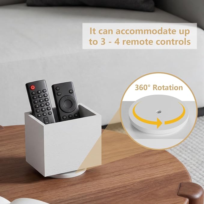360° Rotating Remote Control Holder, Wooden TV Remote Holder for Table, Desk Organizer Caddy Media Storage Box for Living Room,Nightstand,Couch (White)