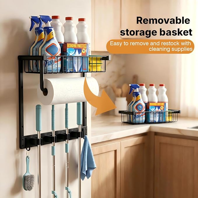 Broom Holder Wall Mount, Broom and Mop Organizer Wall Hanging with Paper Towel Holder & Removable Anti-fall Basket, Wall Mount Cleaning Supplies Organizer for Laundry Room, Apartment, Utility Room