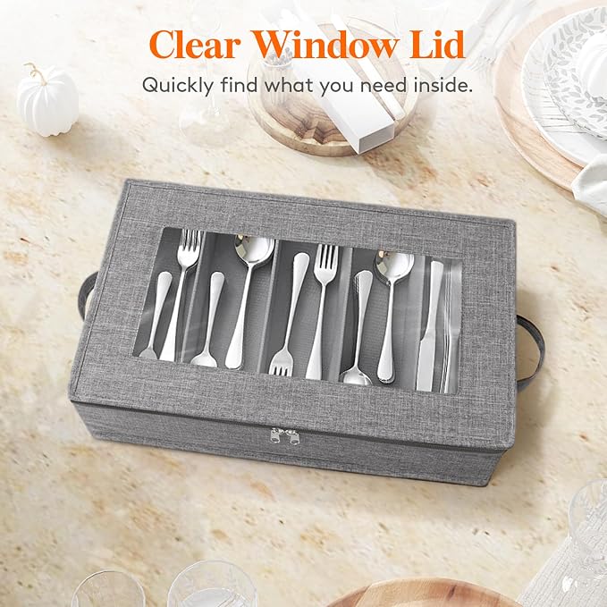 Lifewit Silverware Storage Box, Covered Flatware Organizer with Zipper Lid, 5 Compartment Cutlery Case with Adjustable Divider and Handle, Utensil Container for Spoon Fork Knives, 2 Pack, 27 -43cm