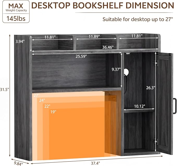 Dorm Desk Hutch, Desktop Shelf with 6 Shelves and Power Outlets 37.4" Desk Hutch with Drawers & RGB LED Light Over Desk Organizer Desktop Storage Shelf for Dorm Office Home Computer Desk-Grey