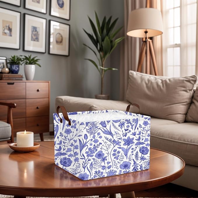 Chinoiserie Rectangle Storage Basket Decor (Blue)