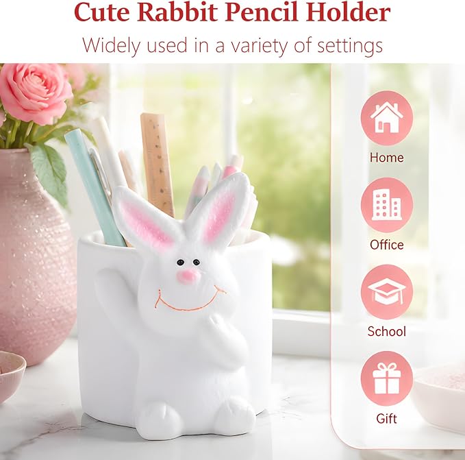 Ceramic Rabbit Shaped Pen Pencil Holder for Desk Decoration Accessories Rabbit Decor Makeup Brush Pen Cups Office School Ideal Gifts for Women, Mom or Birthdays (Round Rabbit)
