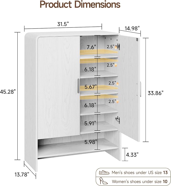 ONBRILL 6-Tier Shoe Storage Cabinet, 45'' Large Farmhouse Shoe Cabinet for Entryway, Modern Wooden Shoe Rack Organizer with Doors and Shelves, for Front Door Hallway (White)