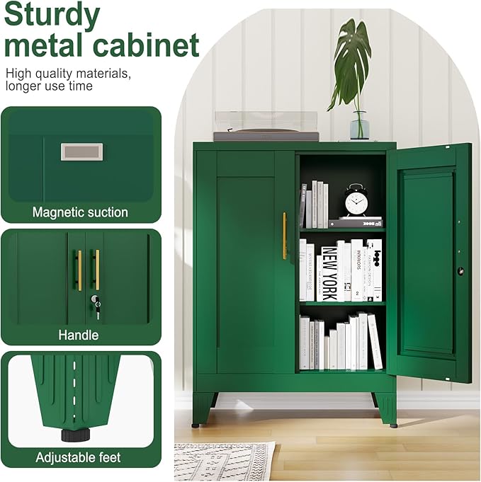 Green Metal Storage Cabinet, 36" Tall Locking Storage Cabinet with 2 Adjustable Shelves, Steel Locker Organizer, for Office, Home, School, 11.81" D x 23.62" W x 35.83" H, 2PS