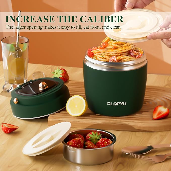40oz Stainless Steel Vacuum Insulated Food Jar for Adults Wide Mouth Lunch Container with Spoon Fork and Carrying Bag Leak-Proof Soup Thermo Bento Box for Hot Food and Cold Food | Office, Travel Green