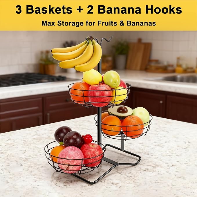 3 Tier Fruit Basket Bowl with 2 Banana Hooks, Solid Metal Standing Vegetable Storage for Kitchen Counter, Large Capacity Organizer for Bread Snack Produce (Black)