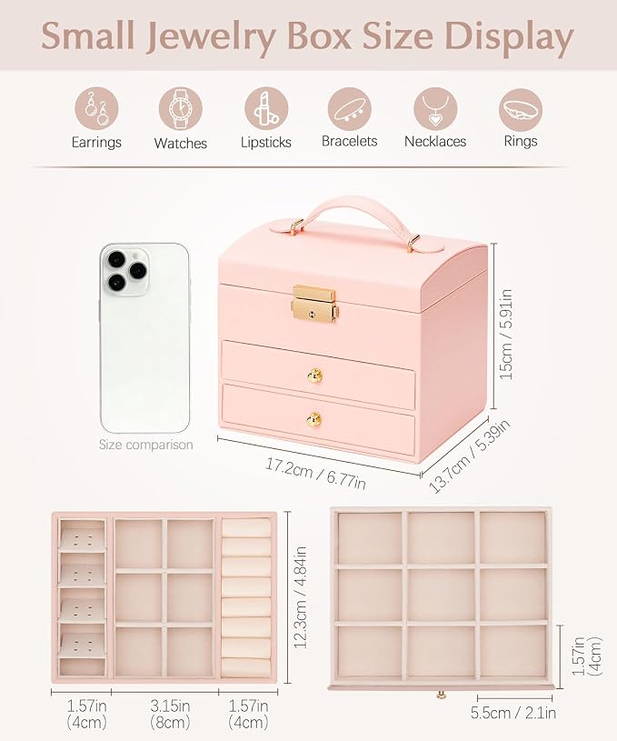 Homde Small Jewelry Box for Girls: 3-Layer Lockable Organizer (Blush Pink) | Removable Tray&Dividers for Flexible Storage - Sort Earrings&Rings&Necklaces for Beginners - Birthday Gift for Teens
