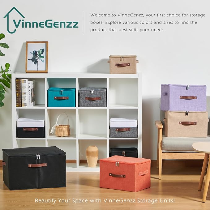 Storage Boxes with Zipper Lid Cotton Linen Fabric Lidded Storage Bins Baskets Foldable Washable Closet Shelf Clothes Organizer Container Faux Leather Handles (Gray White, Small)