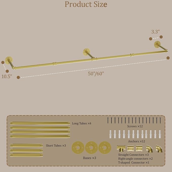 Wall Mounted Clothes Rack, Industrial Pipe Clothing Rack 50 Inch Gold, Wall Clothes Hanger for Bedroom, Cloakroom, Closet, Hallway, Boutique Display, Drying Racks Wall-Mount for Laundry