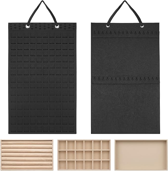 Hanging Jewelry Organizer & Drawer Trays Set - Double-Sided Wall Hanger for Necklaces & Earrings, 3 Stackable Velvet Storage Inserts for Rings & Bracelets - 5 Pack