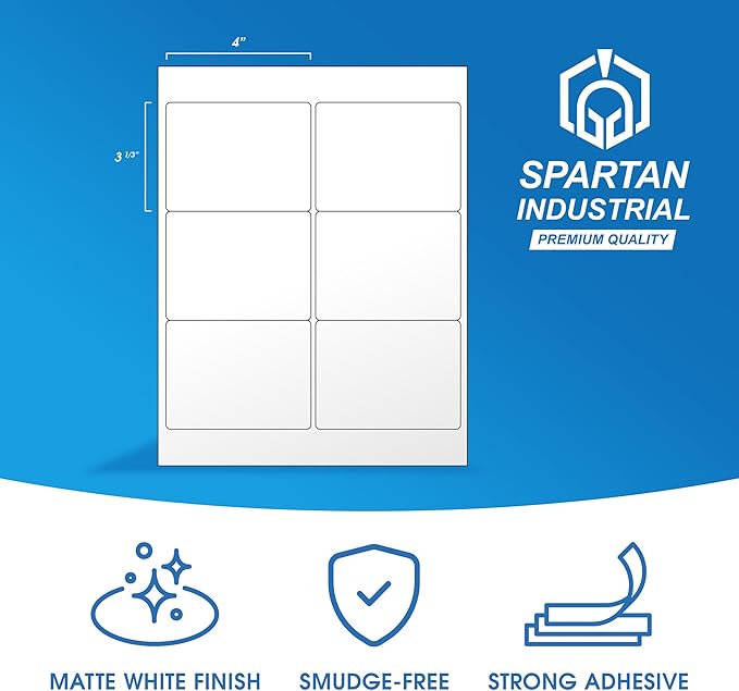 3 1/3" X 4" Matte White Shipping Labels Compatible with Inkjet and Laser Printers - 250 Sheets, 1500 Printable Stickers for Mailing, Product IDs, Organization - Spartan Industrial Template R015