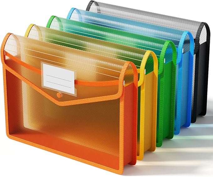 ThinkTex Plastic Expanding File Folder, Transparent Envelopes with Snap Closure, No Dividers, Large Capacity, Assorted Colors, Fits Letter / A4 Size - 5 Pack | No Dividers, Large Capacity, Assorted Colors, Fit Letter/A4 Size - 5 Packs