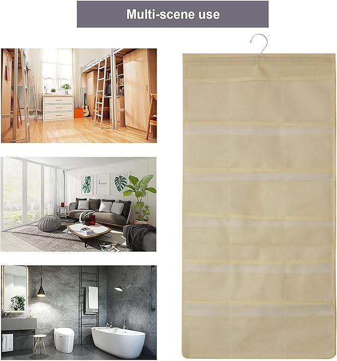 Hanging Mesh Pockets Dual-Sided Closet Organizer for Underwear,Bra,Socks,Accessories with Hanger,Total 24 Pockets Beige
