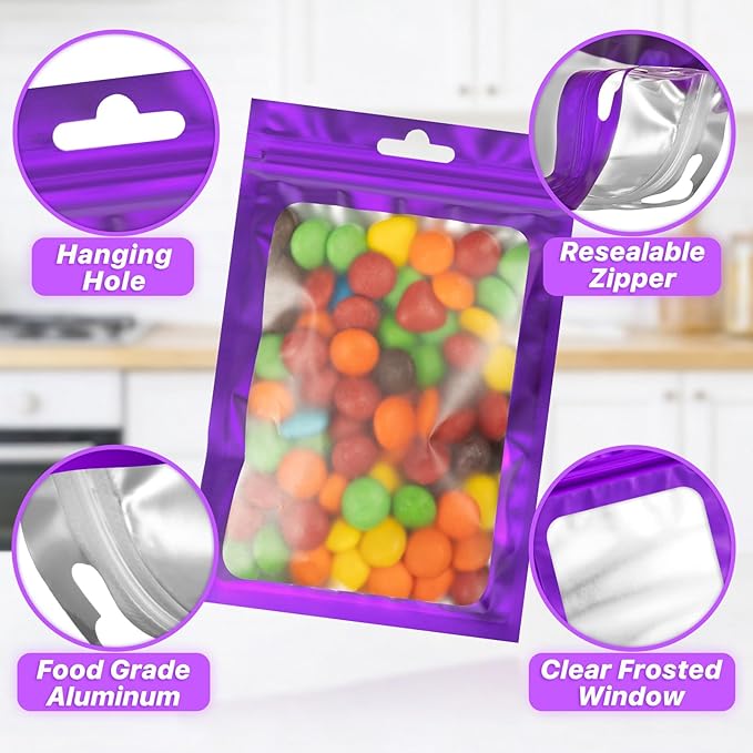 100 PCS Resealable Mylar Bags with Zipper and Frosted Clear Window Smell Proof Packaging Bags Foil Pouch Zipper Bag for Food Self Sealing Storage Supplies (Purple, 2.75×3.93)