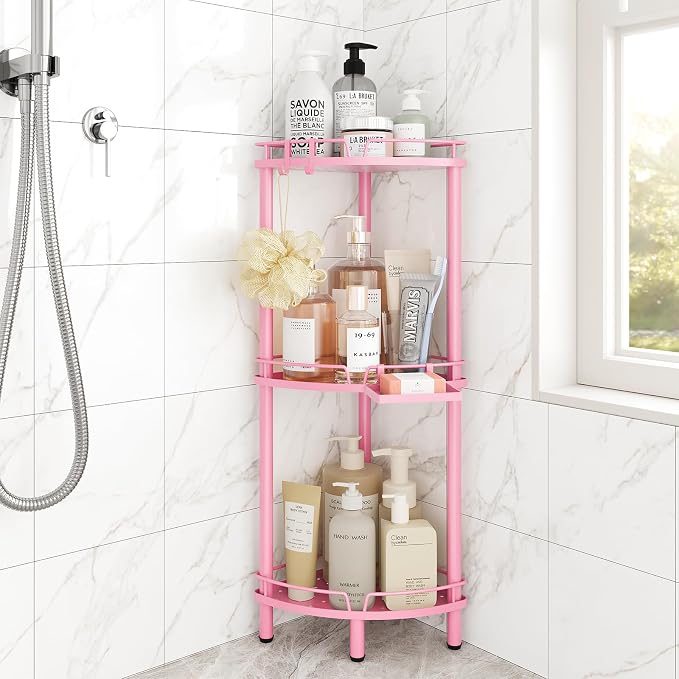 ELYKEN Corner Shower Caddy Standing, 3 Tier Rustproof Metal Shower Organizer with Soap Holder, Floor Shower Corner Shelf Rack Storage Stands with Adjustable Feet & 2 Hooks for Bathroom, Pink