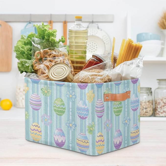 Rectangular Storage Bins Easter Egg Flower Stripes Collapsible Fabric Storage Basket Organizer with Handles for Nursery Bedroom Bathroom