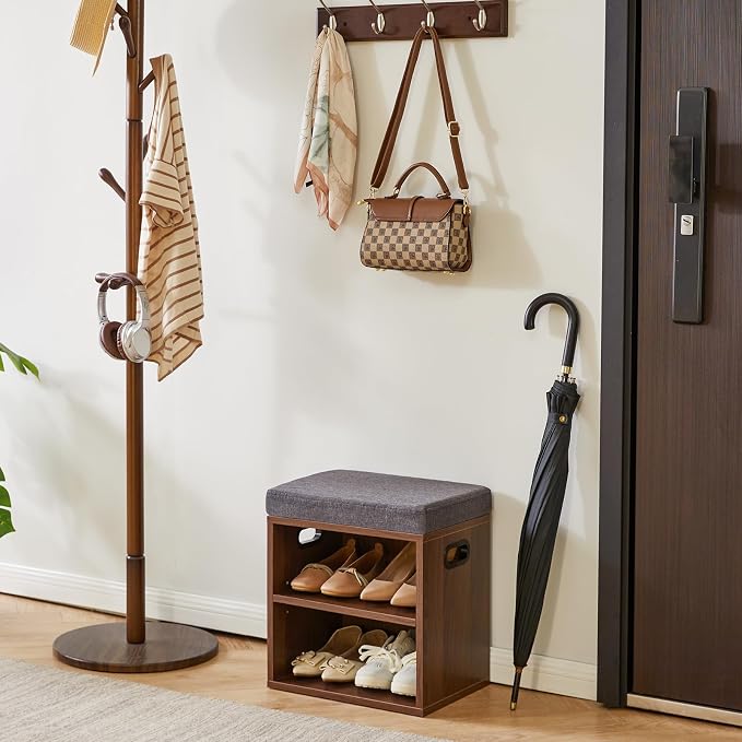 YMYNY Small Shoe Storage Bench with Cushion, Light Walnut, HBD028LW | 2 Tier Entryway Bench with Storage, Small Shoe Rack Bench with Adjustable Shelf for Entryway 11 x 15.3 x 16.5 Inches
