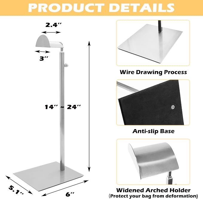 Royxen 3 Pack Purse Holder, Purse Display Stand with Adjustable Height, Bag Stands for Display, Stainless Steel Purse Rack for Bags Organizer (Silver)