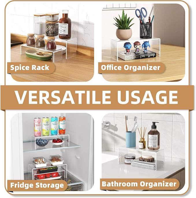 10 Pack Acrylic Spice Rack Organizer for Cabinet(10.8"~12.4"L), 5 Size Seasoning Organization with Non-Slide Silicone Pads, Clear Shelf Riser Storage Can & Cup for Kitchen Countertop, Cupboard, Pantry
