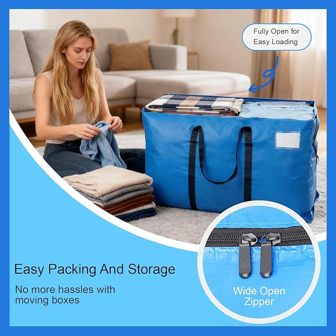 4 Pack Heavy Duty Moving Bags with Backpack Straps & Handles, Large Storage Bags with Zipper for Clothes, College Moving Supplies and Dorm Essentials (33 Gal, Blue)