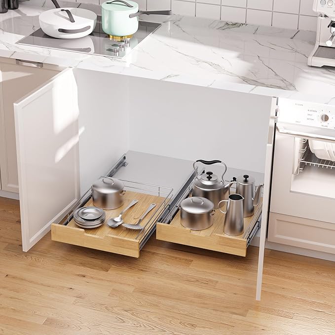 Sikarou Pull Out Cabinet Organizer,Heavy-Duty Slide Out Shelf, Wood And Wire Basket, Pull Out Drawer for for Kitchen Under Sink Space, Pantry, Bathroom (14 * 21 WM)
