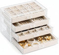 Clear Jewelry Box with 4 Drawers, Acrylic Jewelry Organizers and Storage with Velvet Trays, Earring Holder Organizer for Women and Girls, Warm White