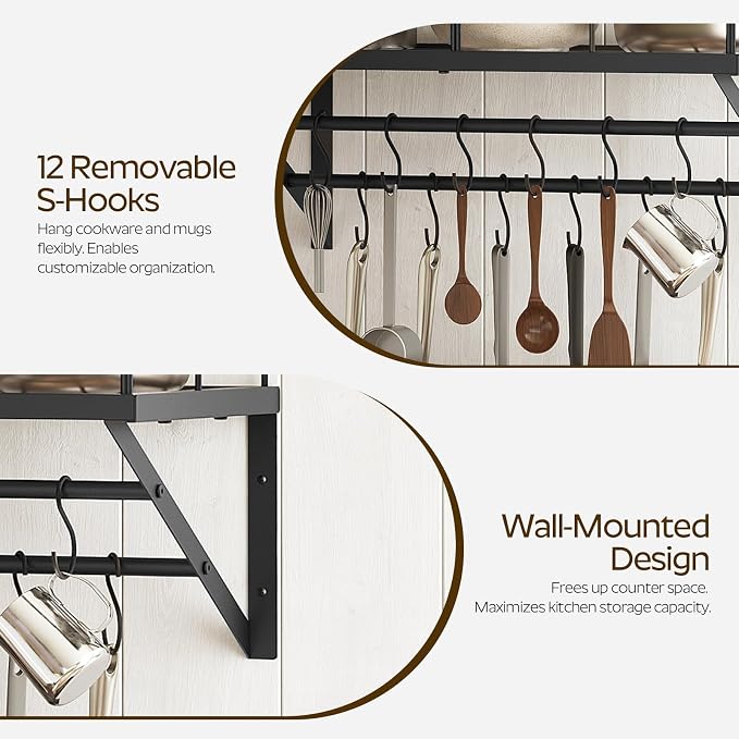 YATINEY Wall Mounted Pot Rack, 23.8 Inch Pot and Pan Organizer with 2 Tier Hanging Rails, 12 S-Hooks, Metal Pot Rack for Kitchen Cookware Organizer, Space Saving, for Kitchen Utensils, Black PR01BK