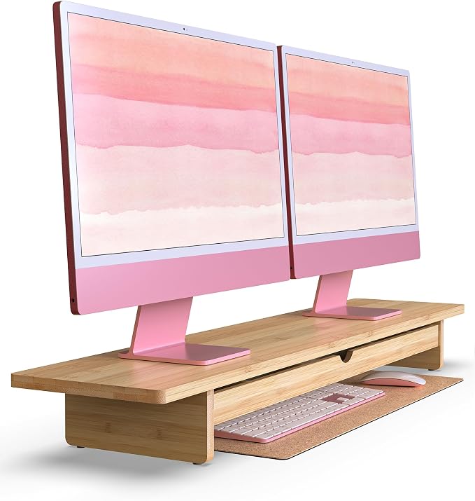Bamboo Monitor Stand with Large Storage Drawer, 42 Inch Ergonomic Computer Riser for Desk, Screen Shelf with 7 Compartments for Keyboard & Stationery Organization