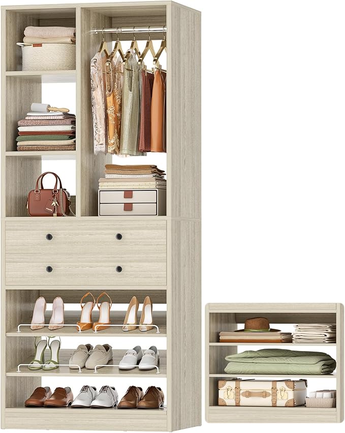 Besiost Small Closet System, 28"/2.3 FT Wood Closet Organizer System with Drawers and Shelves, Walk-in Closets Systems for Small Closets, Freestanding, Greige Oak