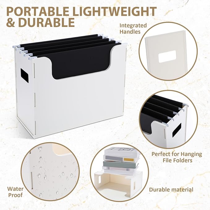 2 Pcs Portable Desktop File, Side Handles, Filing Organizer, Hanging File Folders, Letter Size for Schools Office Home (White)