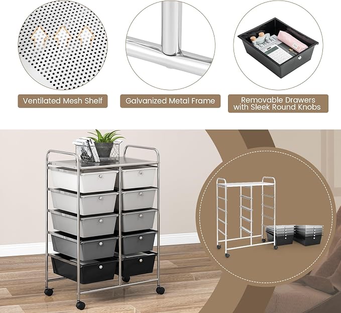 COSTWAY 10 Drawer Rolling Storage Cart, Utility Cart with Lockable Wheels | Mobile Art Supply Craft Organizer with Metal Frame, Multipurpose Drawer Cart for Paper for Office, School, Mixed Black