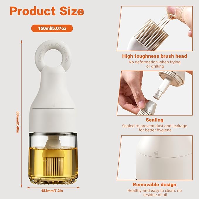 MMJ Portable High Borosilicate Glass Oil Sprayer Brush 150ml（5.07oz）, Outdoor Camping BBQ Accessories, Heat Resistant Silicone Basting Brush for Grilling, Baking, and Cooking