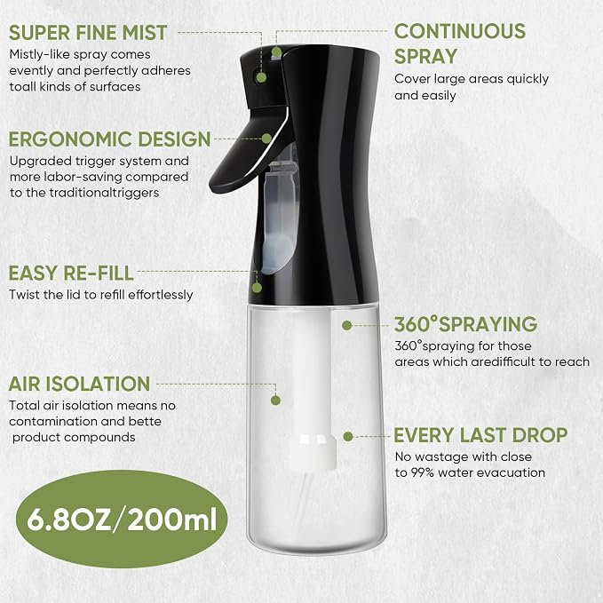 Continuous Spray Bottles, Ultra Fine Mist Sprayer, Spray Bottle For Hairstyling, Cleaning, Plants, Pets, Barbers, Salons (Black)