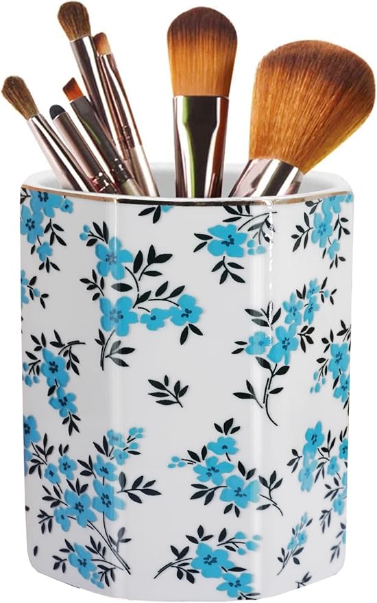 Pen Holder, Makeup Brush Holder Ceramic Shiny Gold Spring Floral Pattern Pencil Cup for Girls Kids Women Durable Stand Desk Organizer Storage Gift for Office, Classroom, Home (Teal Blue)