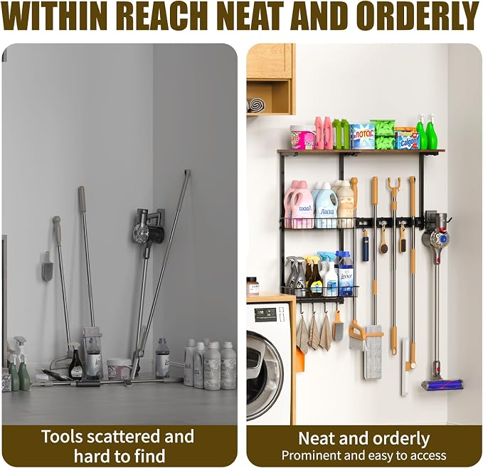 Broom Holder Wall Mount，Mop Rack With Storage Basket,Diversity Laundry Room Cleaning Tool Storage container，Suitable Family Garage Kitchen Organization Wall-Mounted Rack (Black, Medium)