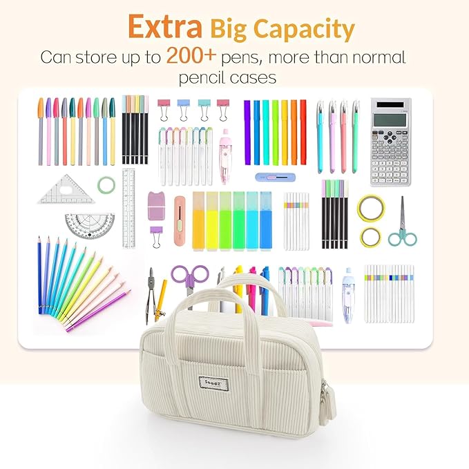 Sooez Large Pencil Case Pouch, Extra Big Pencil Bag with 5 Compartments, Pen Bag Wide Opening, Soft Corduroy Pencil Pouch Organizer with Zipper, Cute Aesthetic School Supplies for Teen Girls-Beige