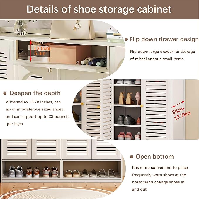 Shoe Cabinet with Louvered Doors, Freestanding Entryway Shoe Storage Cabinet with Drawer & Open Compartment, Modern Bamboo Shoe Rack Organizer with Thickened Adjustable Shelves for Closet