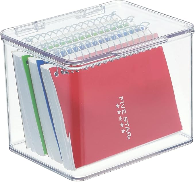 mDesign Small Plastic Home Office Storage Organizer Box Containers with Hinged Lid for Desktops - Holds Pens, Pencils, Sticky Notes, Highlighters, Staples, and Supplies - Clear